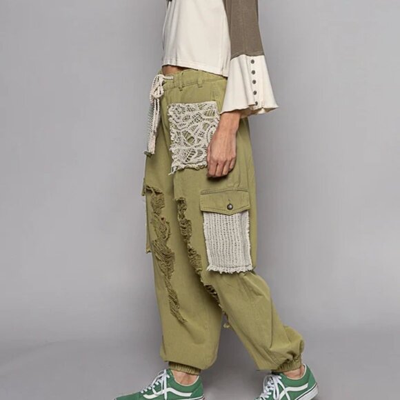 Vintage Wash Crochet Patches Distress Jogger Pants - Picture 4 of 4